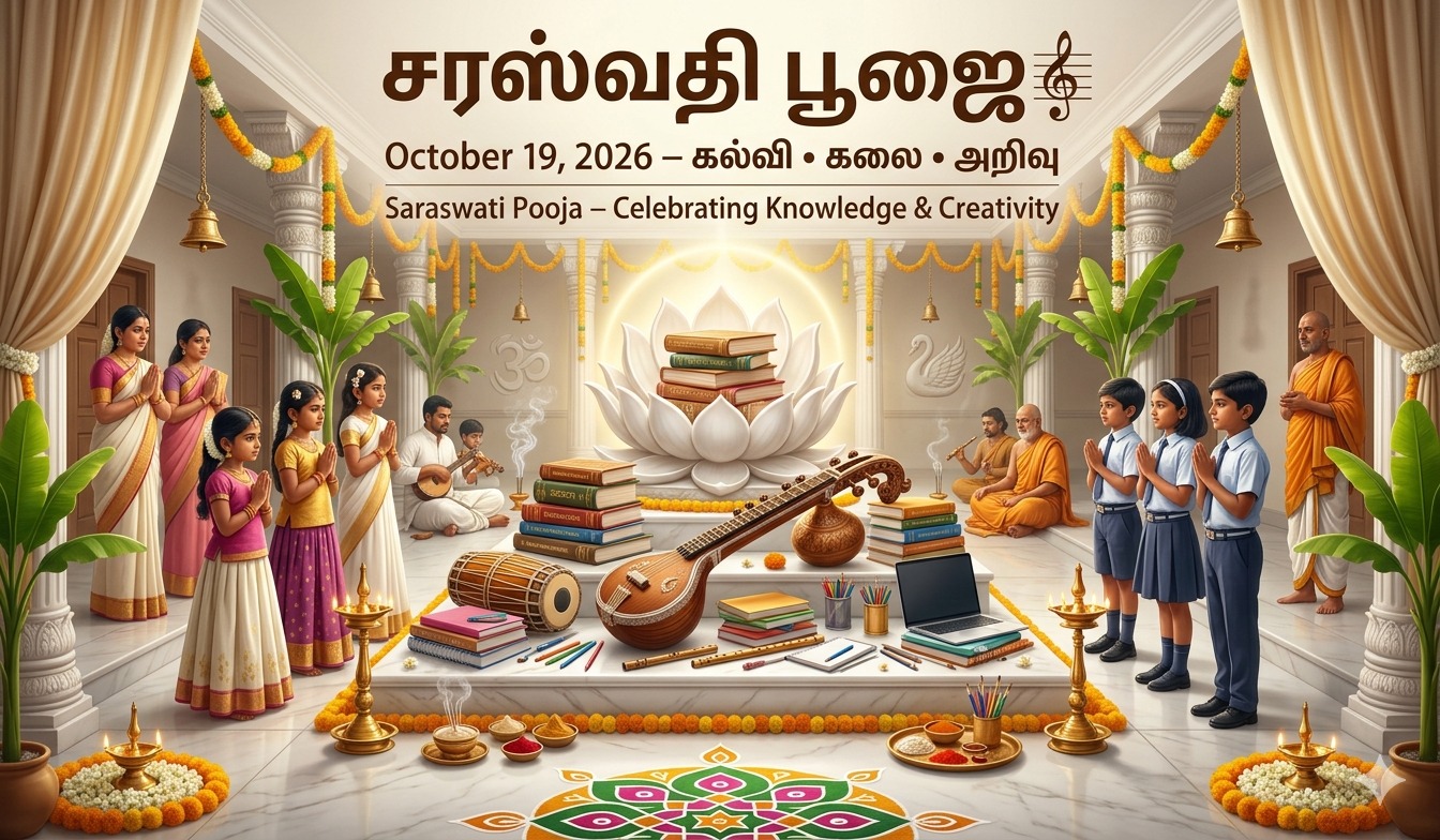 Celebrating Wisdom, Learning, and Divine Knowledge | கல்வி, கலை, மற்றும் ஞானத்தின் தெய்வத்தை போற்றும் சரஸ்வதி பூஜை  நல்வாழ்த்துகள் tnposterdownload