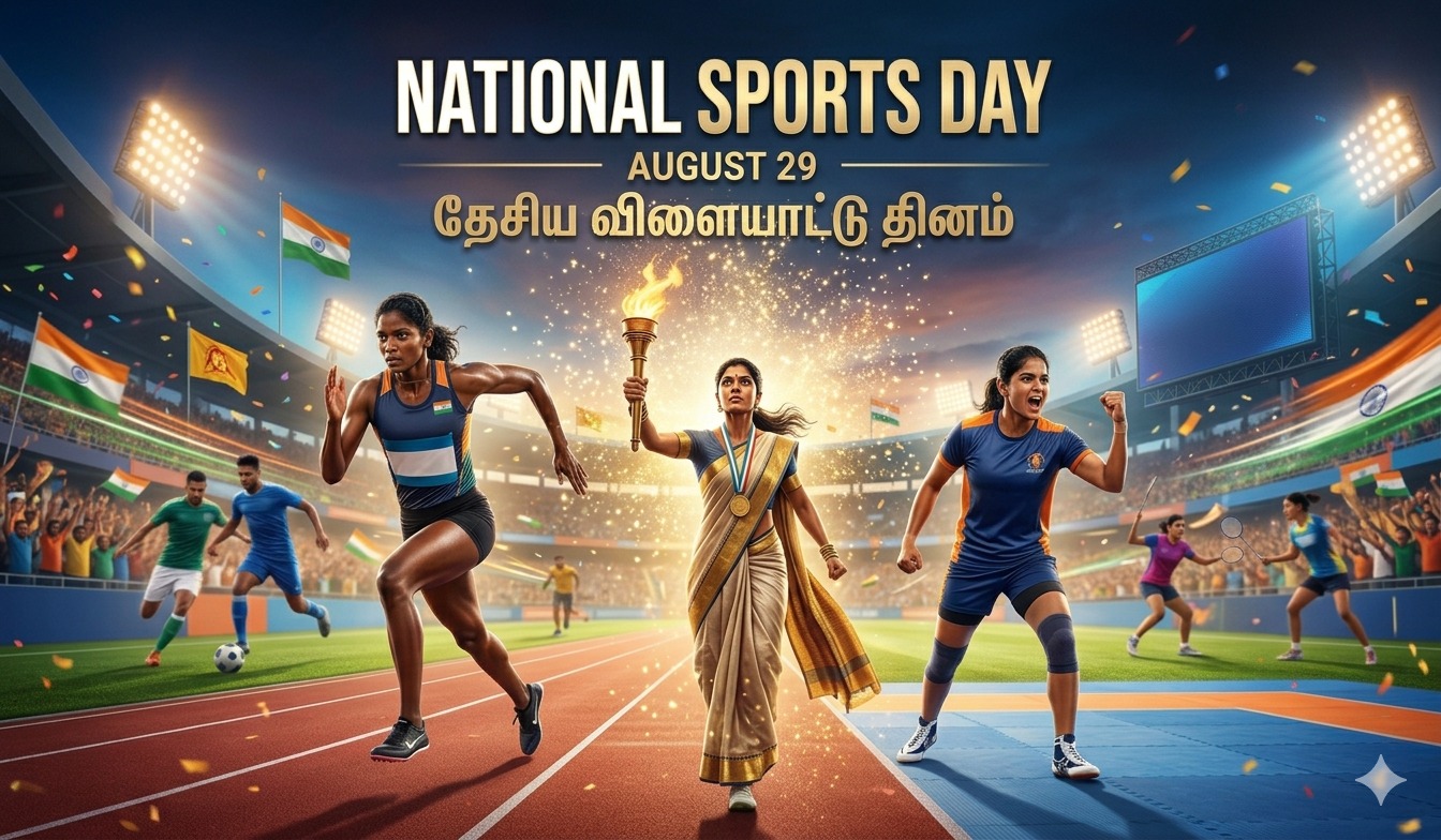 Event poster in tnposter for  National Sports Day | தேசிய விளையாட்டு தினம் | விளையாட்டு • வலிமை • வெற்றி tnposterdownload