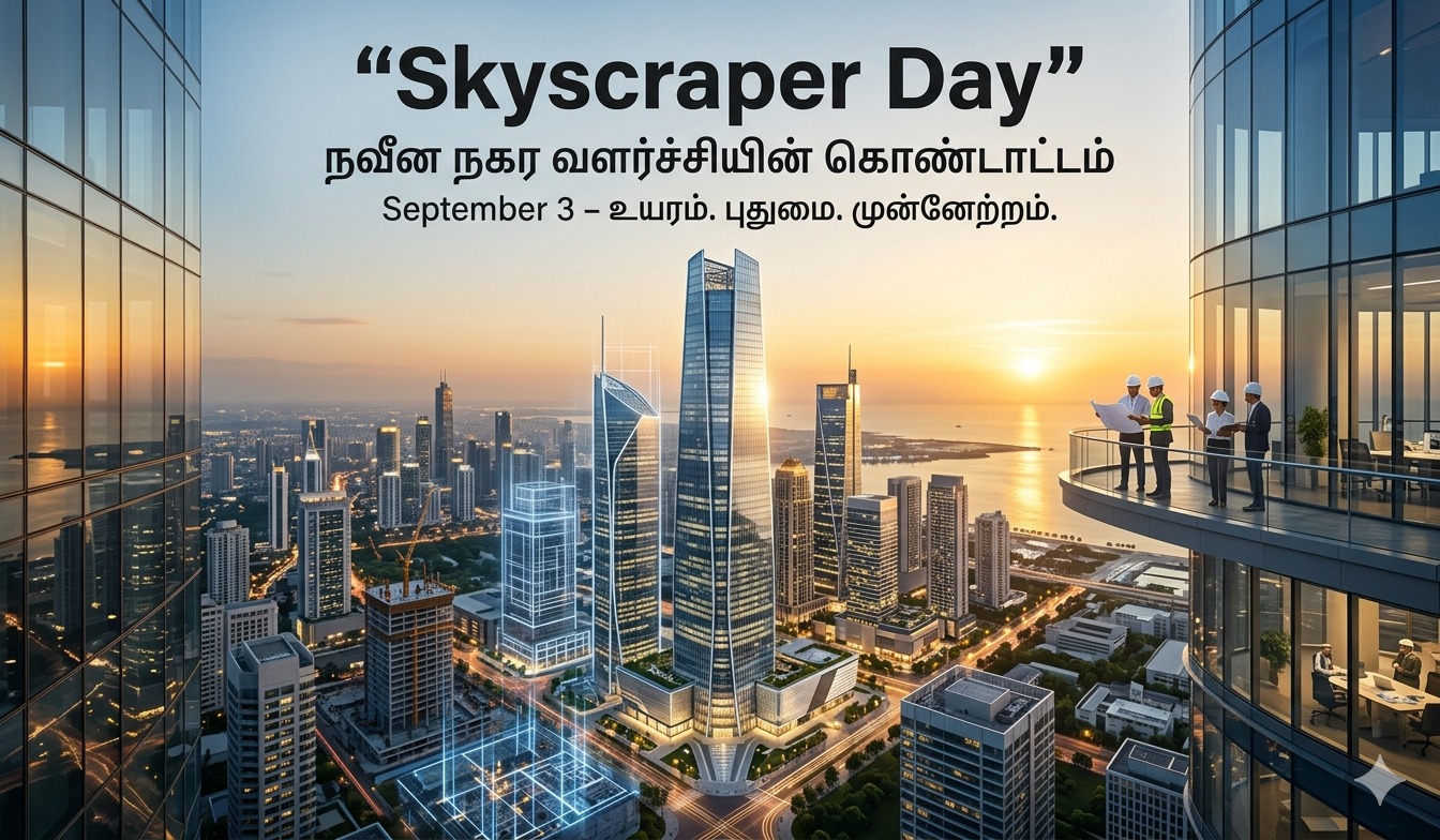Special day poster Skyscraper Day | உயர்மாடிக் கட்டிட தினம் | Touching the Sky, Building the Future tnposterdownload